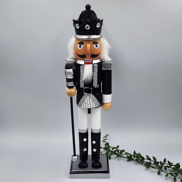 Other - Black Silver King Guard Nutcracker Christmas Sequin Crown Wooden 15" Holiday
